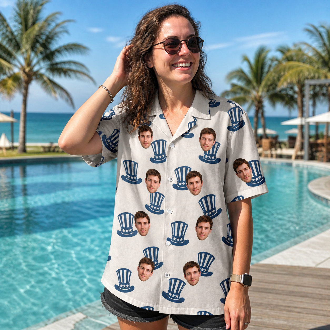Real-life photo of someone wearing Women's Crown Capers Custom Face Hawaiian Shirt — custom faces printed all-over