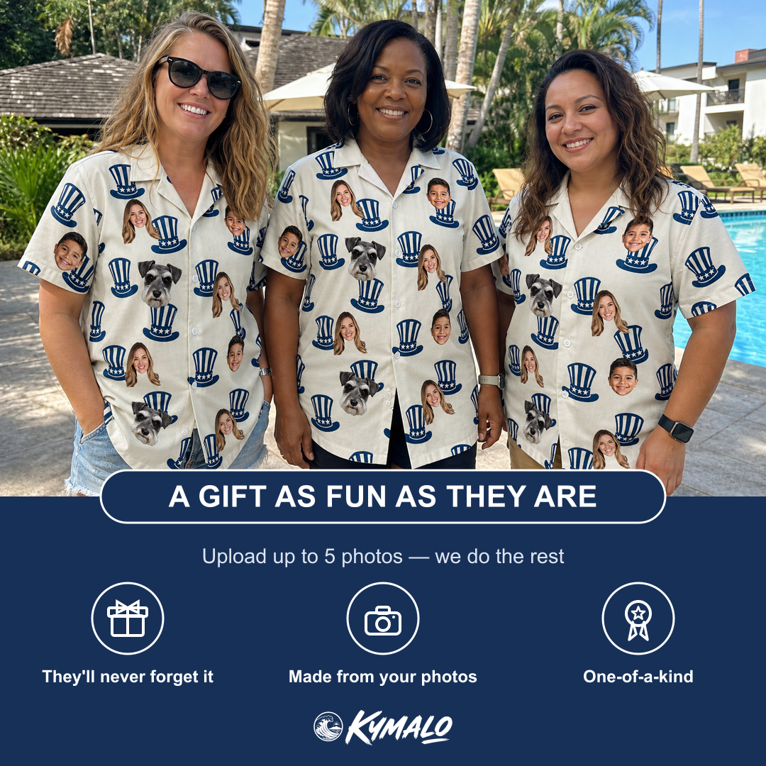 Friends in matching Women's Crown Capers Custom Face Hawaiian Shirt — a group gift photo