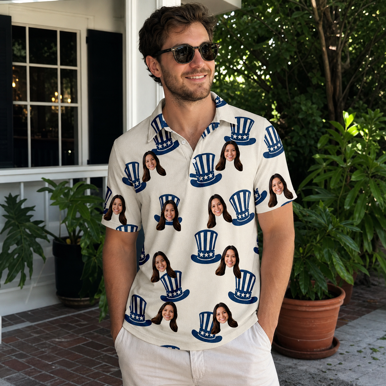 Real-life photo of someone wearing Men's Crown Capers Custom Face Polo Shirt — custom faces printed all-over