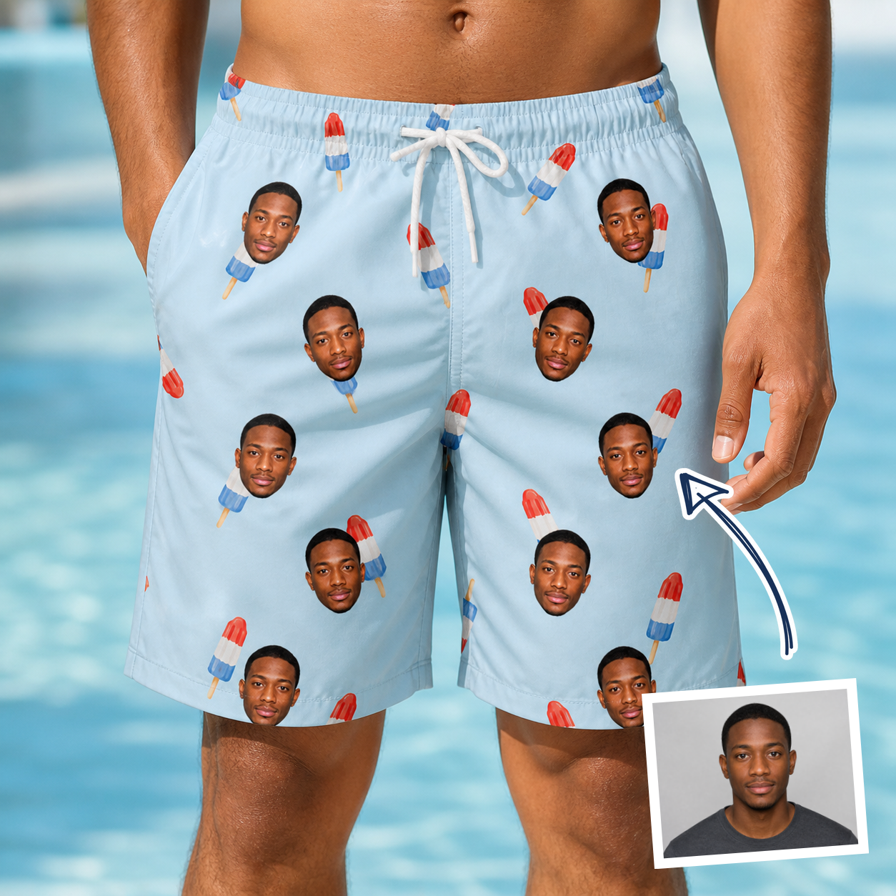 Man wearing Men's Red White Chill Custom Face Beach Shorts — custom faces printed all-over