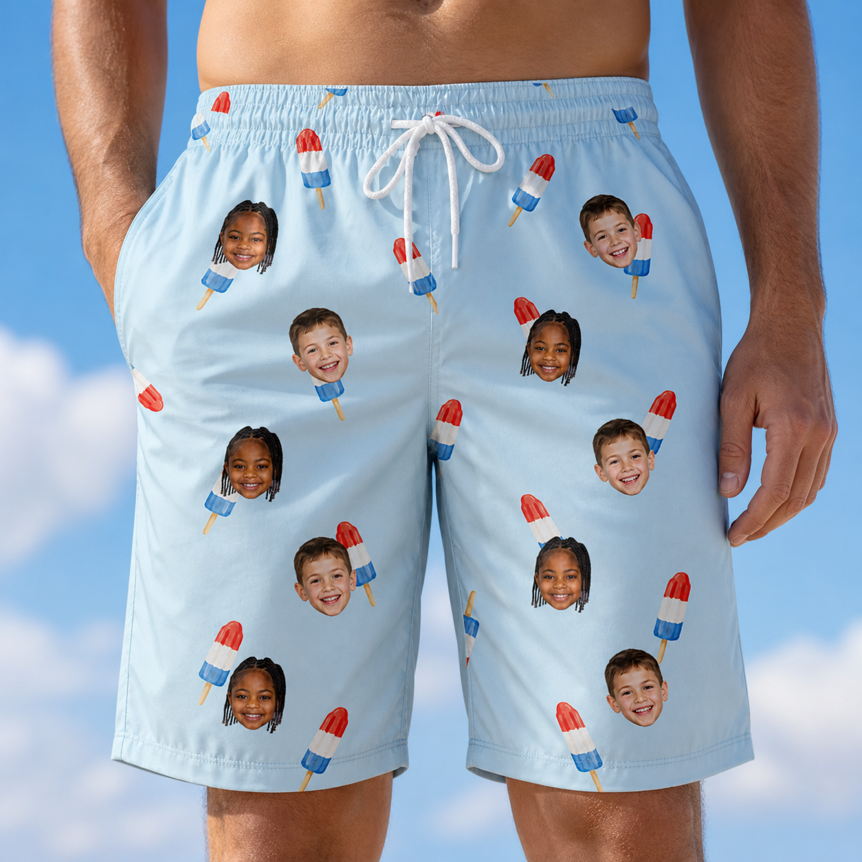 Model wearing Men's Red White Chill Custom Face Beach Shorts printed with kids' faces