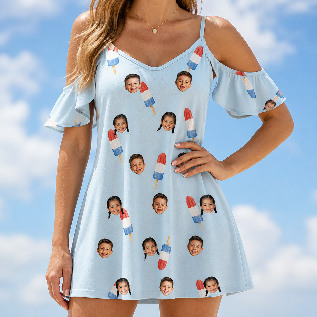 Model wearing Women's Red White Chill Custom Face Off-Shoulder Dress printed with kids' faces