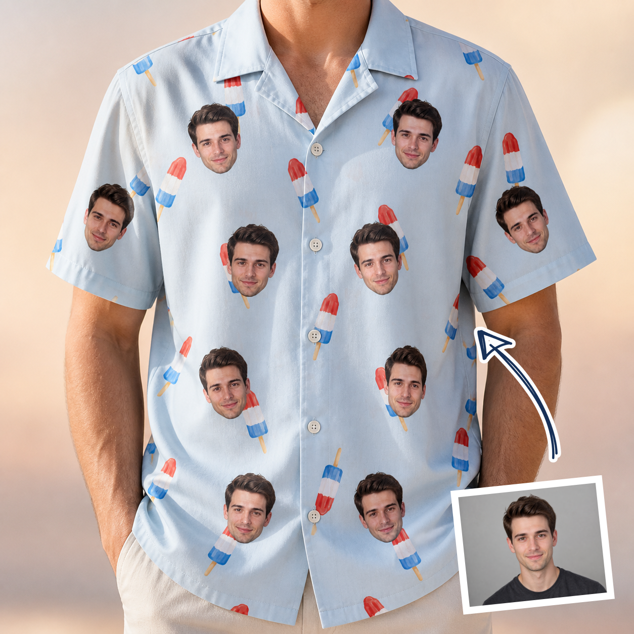Man wearing Men's Red White Chill Custom Face Hawaiian Shirt — custom faces printed all-over