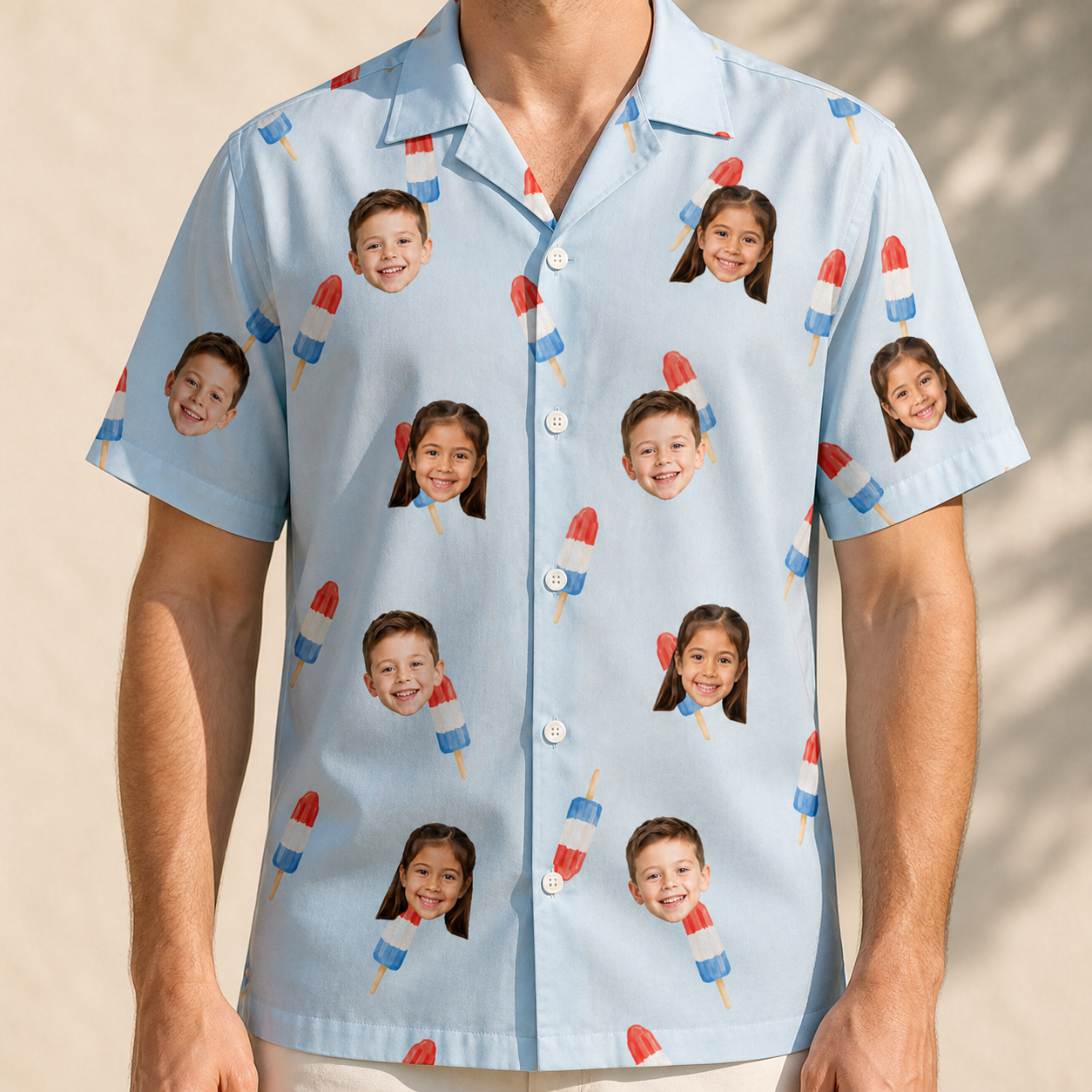 Model wearing Men's Red White Chill Custom Face Hawaiian Shirt printed with kids' faces