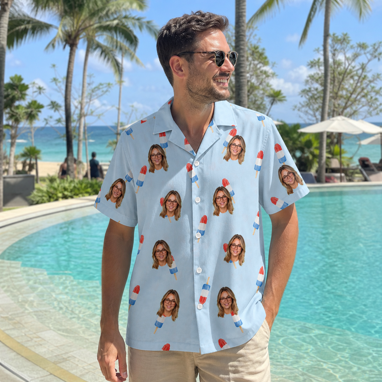 Real-life photo of someone wearing Men's Red White Chill Custom Face Hawaiian Shirt — custom faces printed all-over