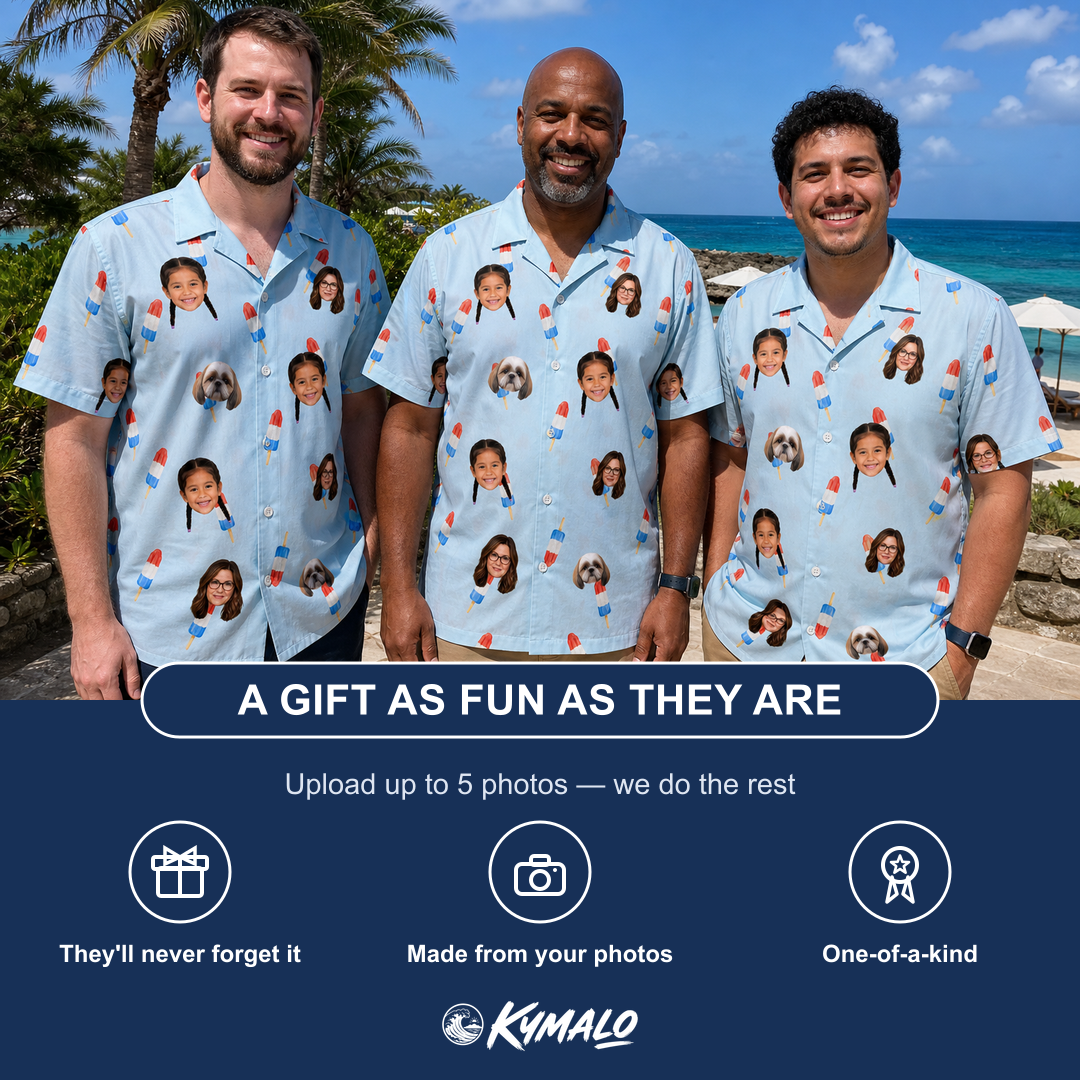 Friends in matching Men's Red White Chill Custom Face Hawaiian Shirt — a group gift photo