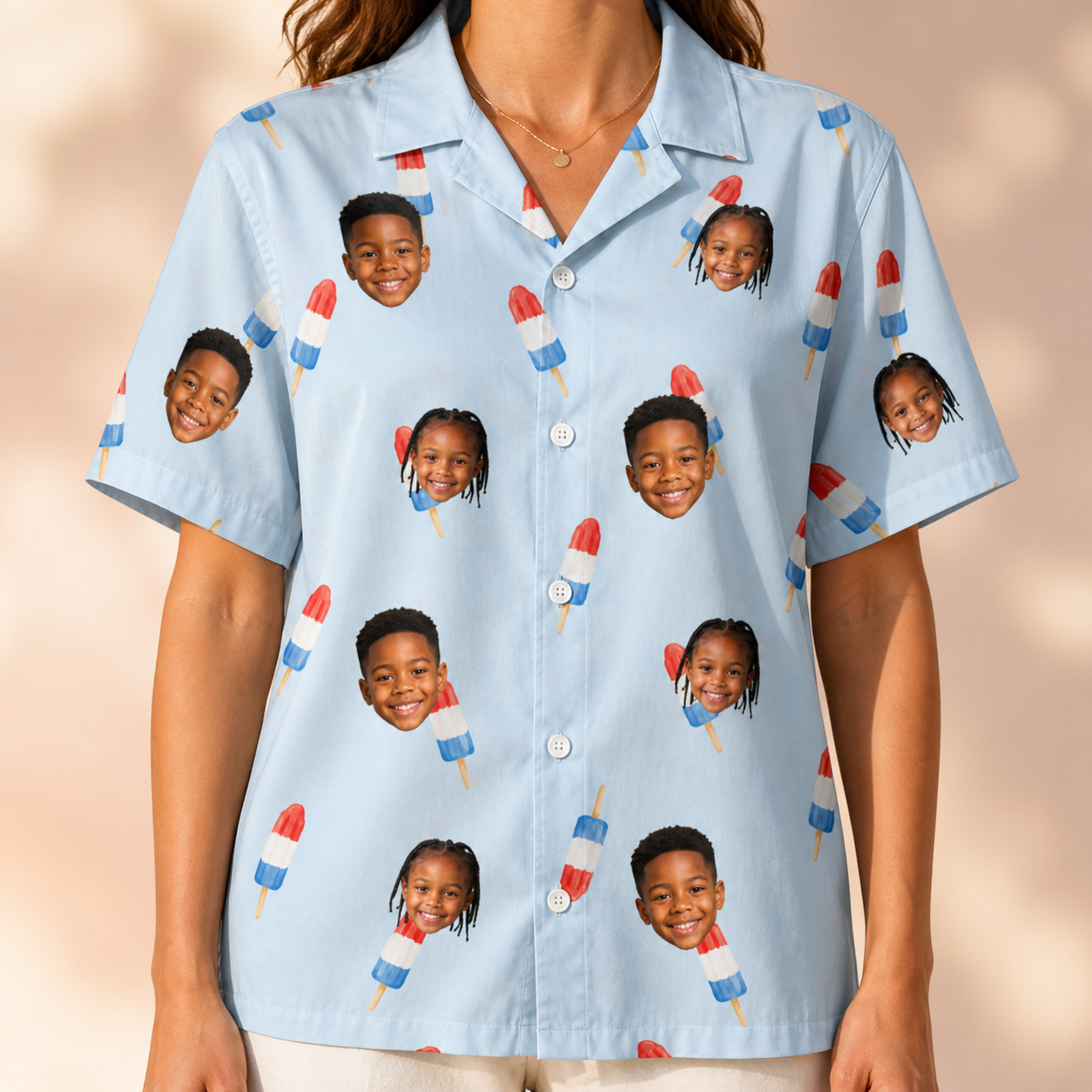 Model wearing Women's Red White Chill Custom Face Hawaiian Shirt printed with kids' faces