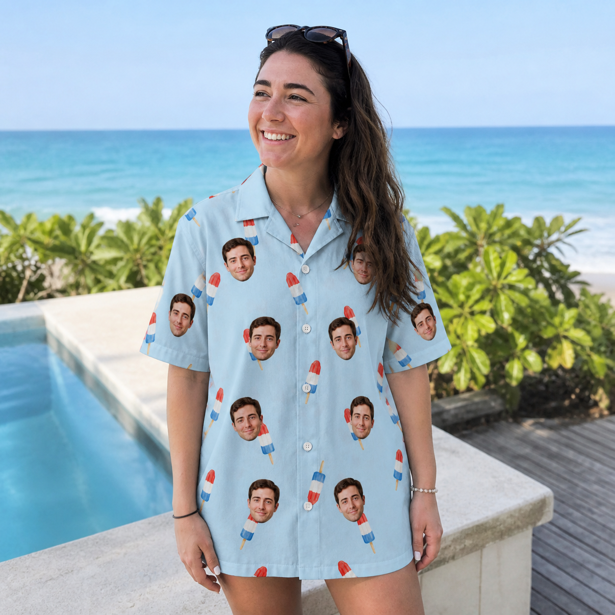 Real-life photo of someone wearing Women's Red White Chill Custom Face Hawaiian Shirt — custom faces printed all-over