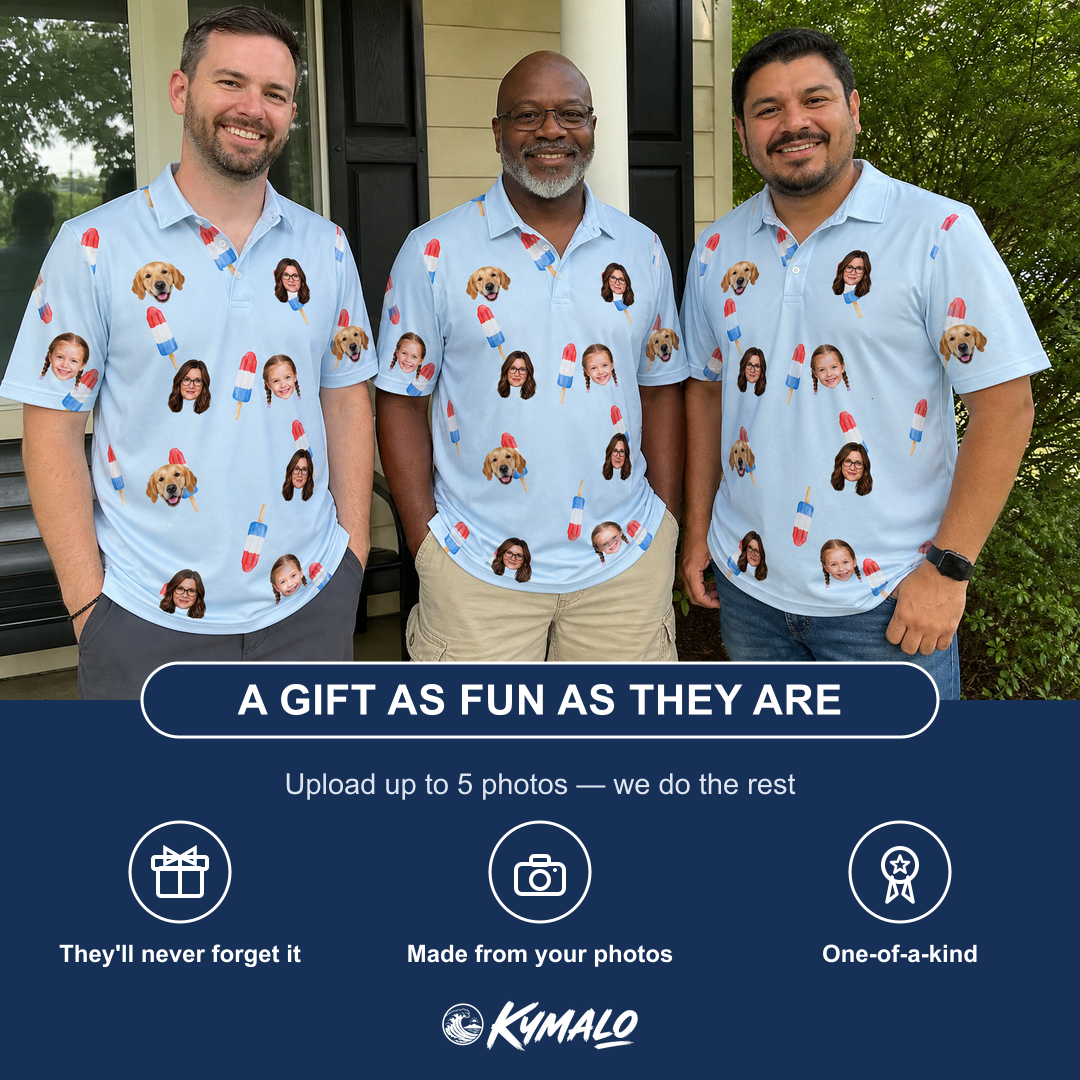 Friends in matching Men's Red White Chill Custom Face Polo Shirt — a group gift photo