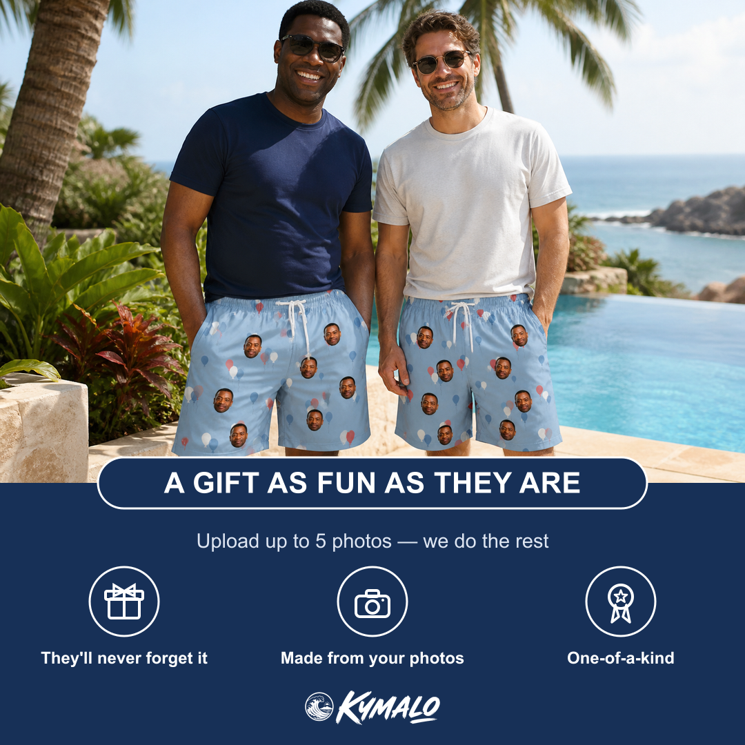 Friends in matching Men's Betsy Bounce Custom Face Beach Shorts — a group gift photo