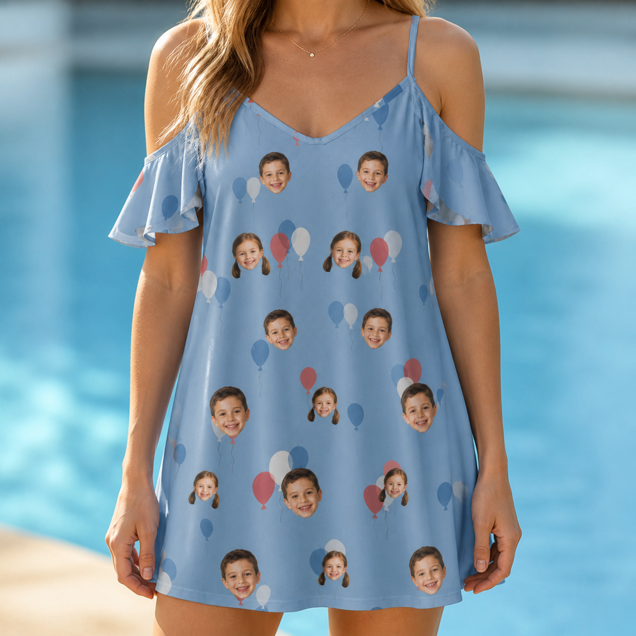 Model wearing Women's Betsy Bounce Custom Face Off-Shoulder Dress printed with kids' faces