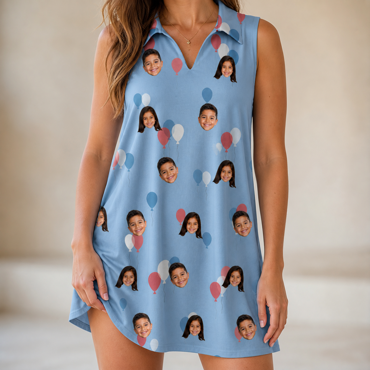 Model wearing Women's Betsy Bounce Custom Face V-Neck Dress printed with kids' faces