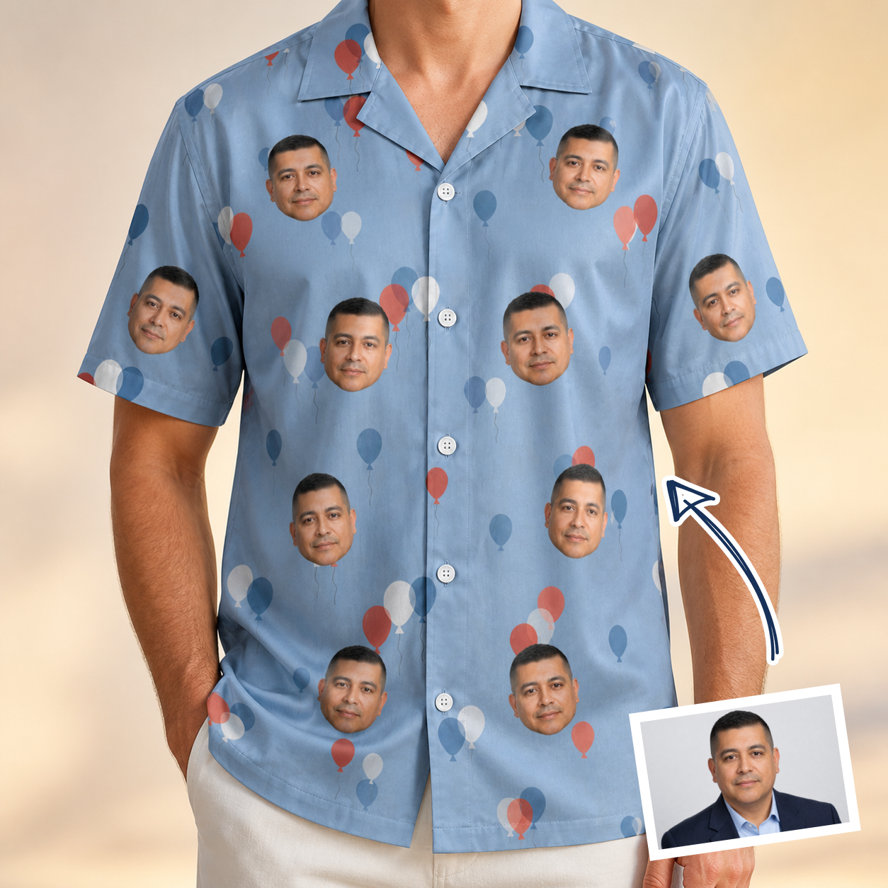 Man wearing Men's Betsy Bounce Custom Face Hawaiian Shirt — custom faces printed all-over