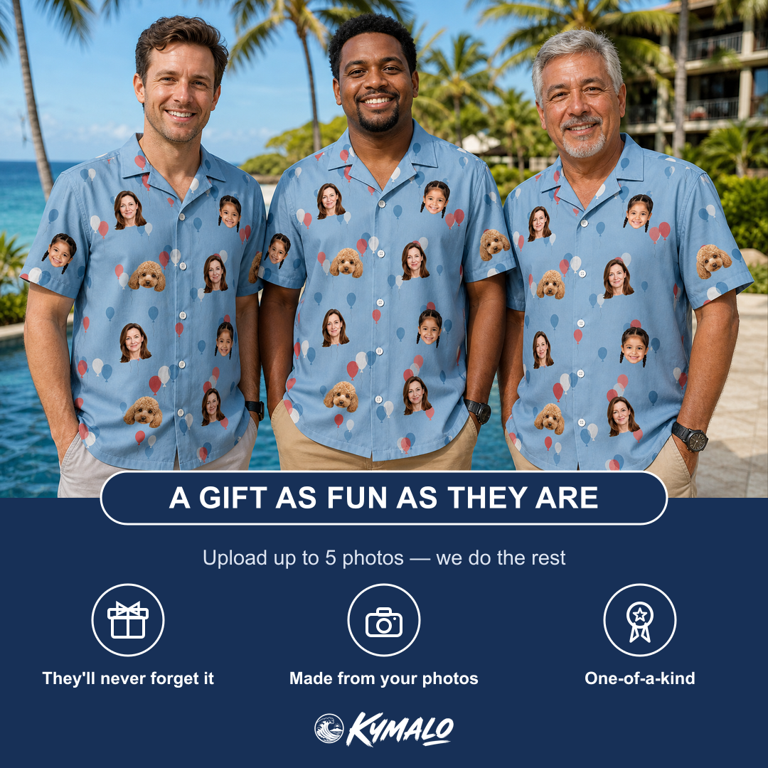 Friends in matching Men's Betsy Bounce Custom Face Hawaiian Shirt — a group gift photo