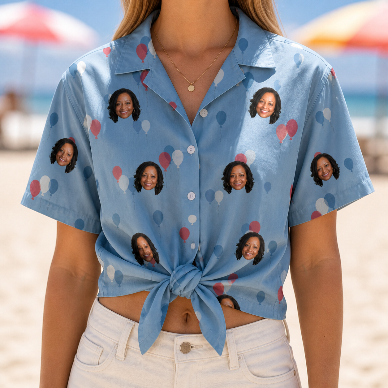 Woman wearing Women's Betsy Bounce Custom Face Hawaiian Shirt tied at the waist