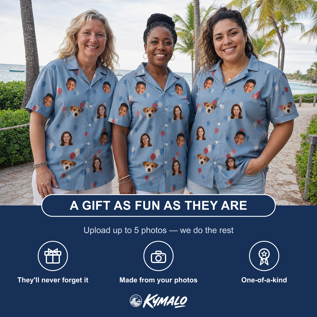 Friends in matching Women's Betsy Bounce Custom Face Hawaiian Shirt — a group gift photo