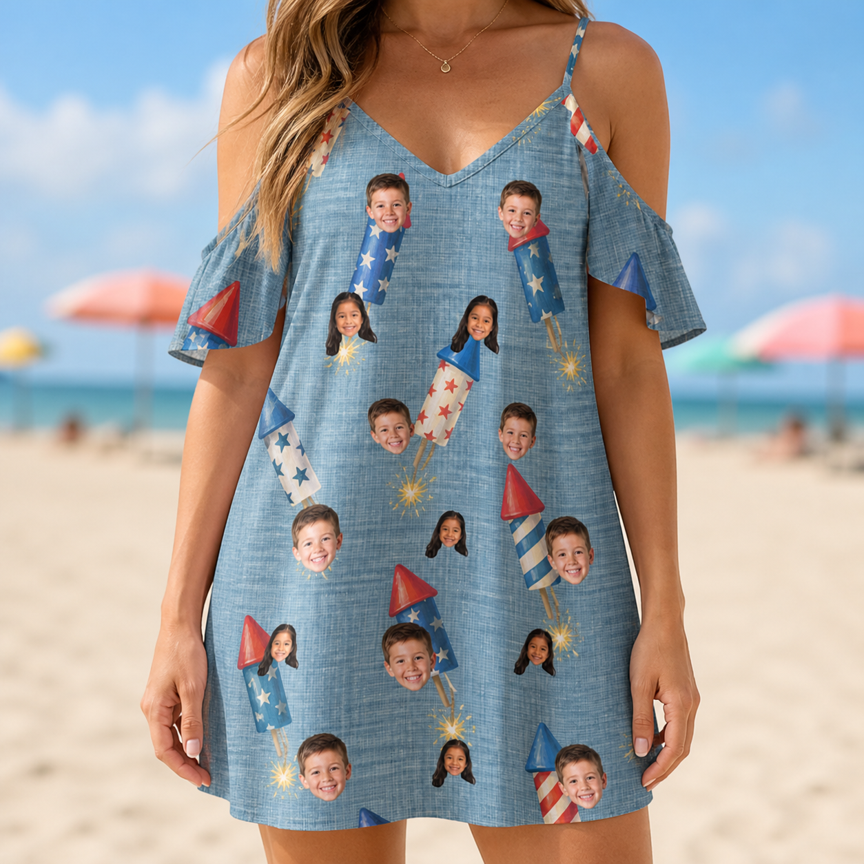 Model wearing Women's Launch Lark Custom Face Off-Shoulder Dress printed with kids' faces