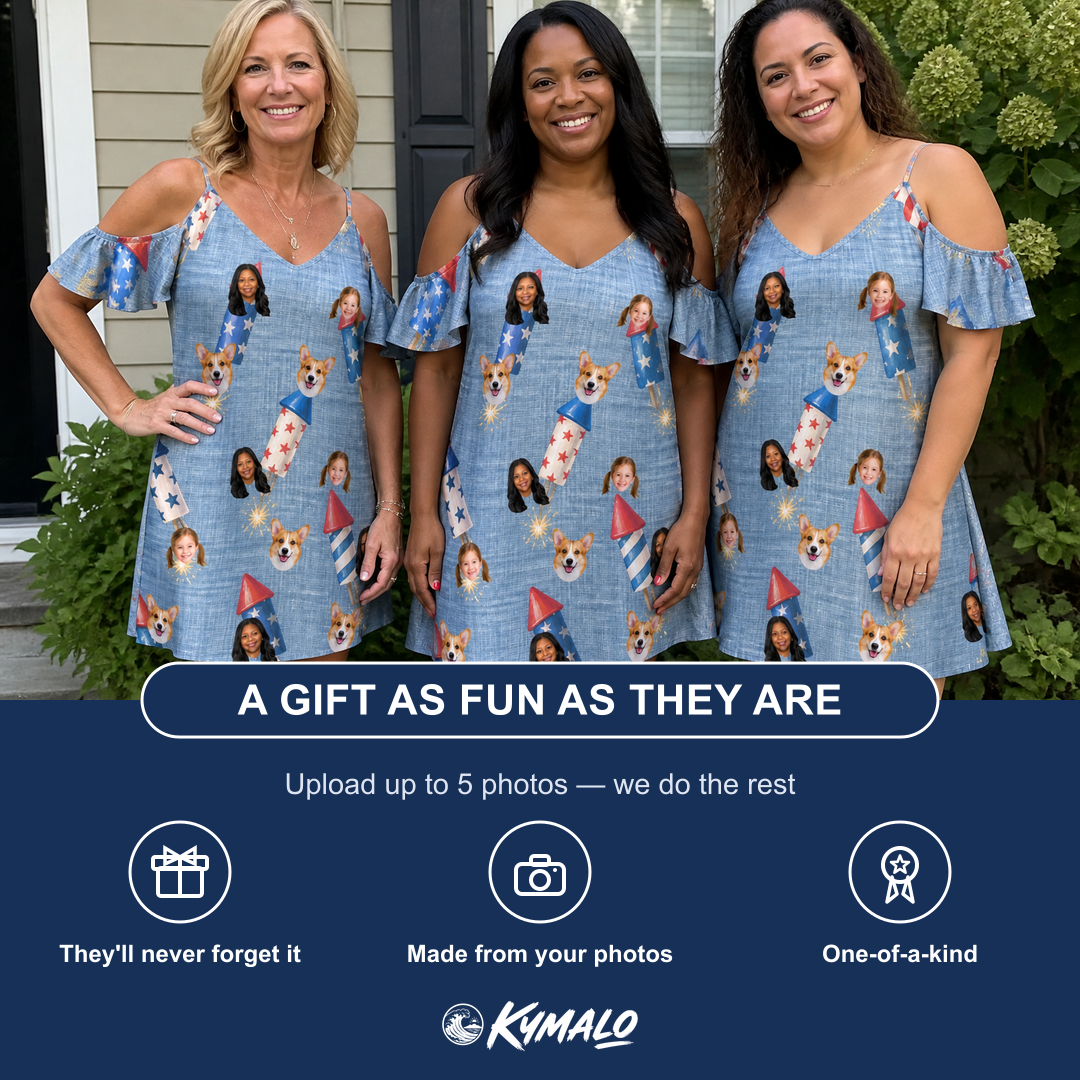 Friends in matching Women's Launch Lark Custom Face Off-Shoulder Dress — a group gift photo