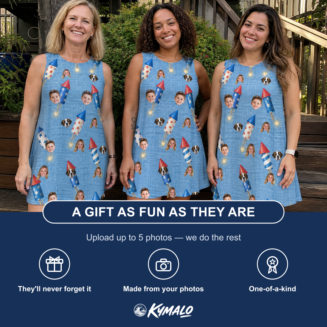 Friends in matching Women's Launch Lark Custom Face Tank Dress — a group gift photo