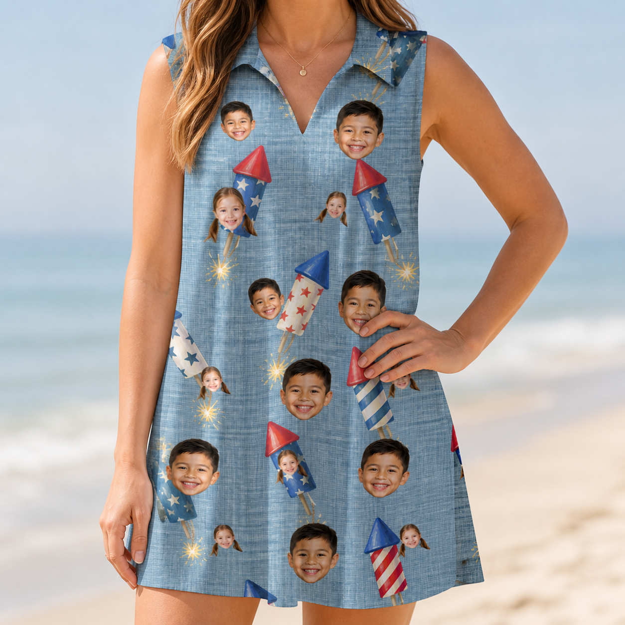 Model wearing Women's Launch Lark Custom Face V-Neck Dress printed with kids' faces