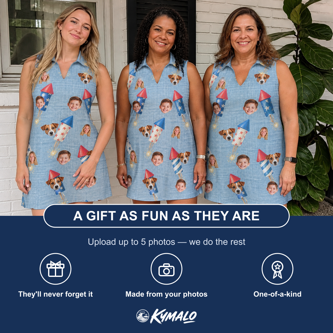 Friends in matching Women's Launch Lark Custom Face V-Neck Dress — a group gift photo