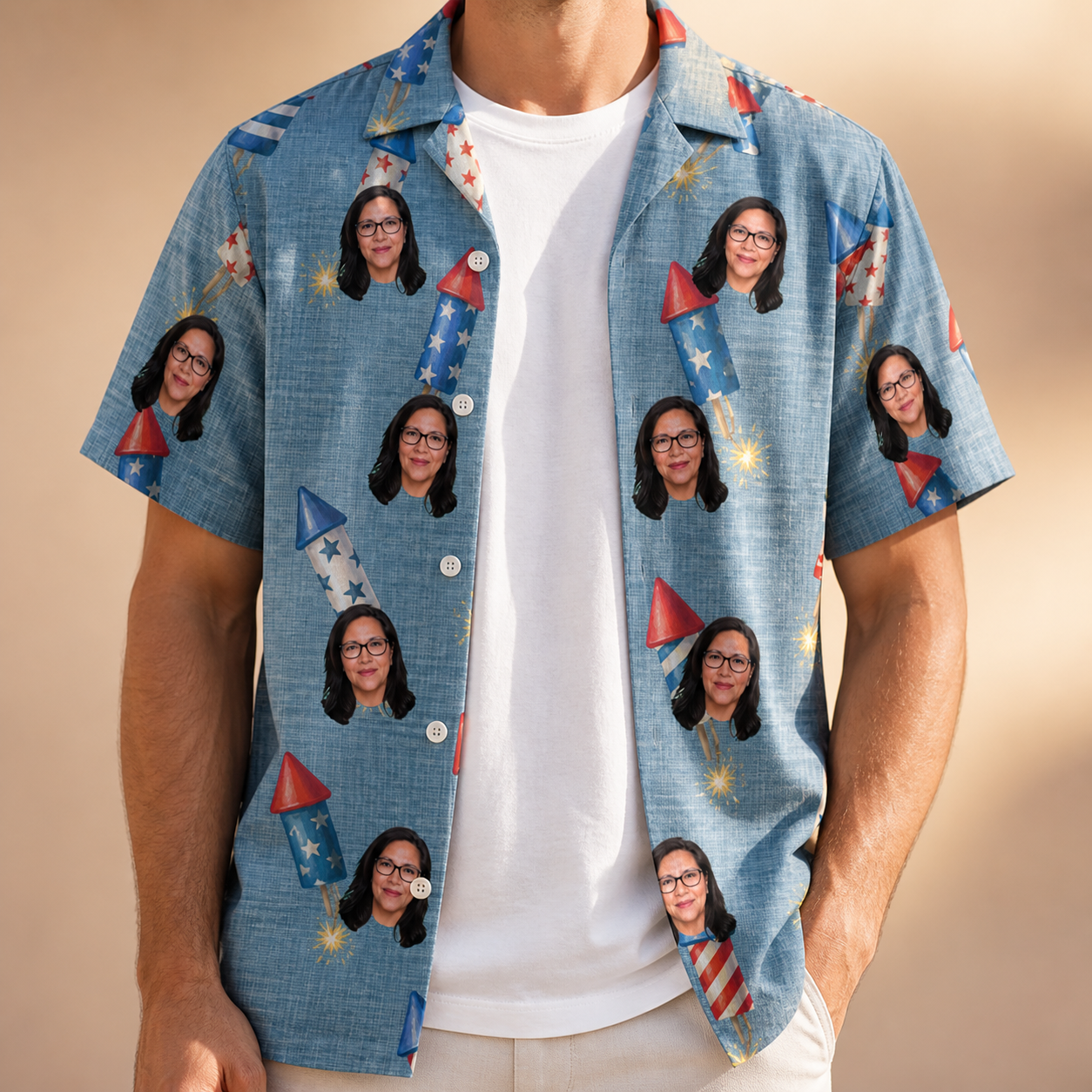 Man wearing Men's Launch Lark Custom Face Hawaiian Shirt open over a white tee