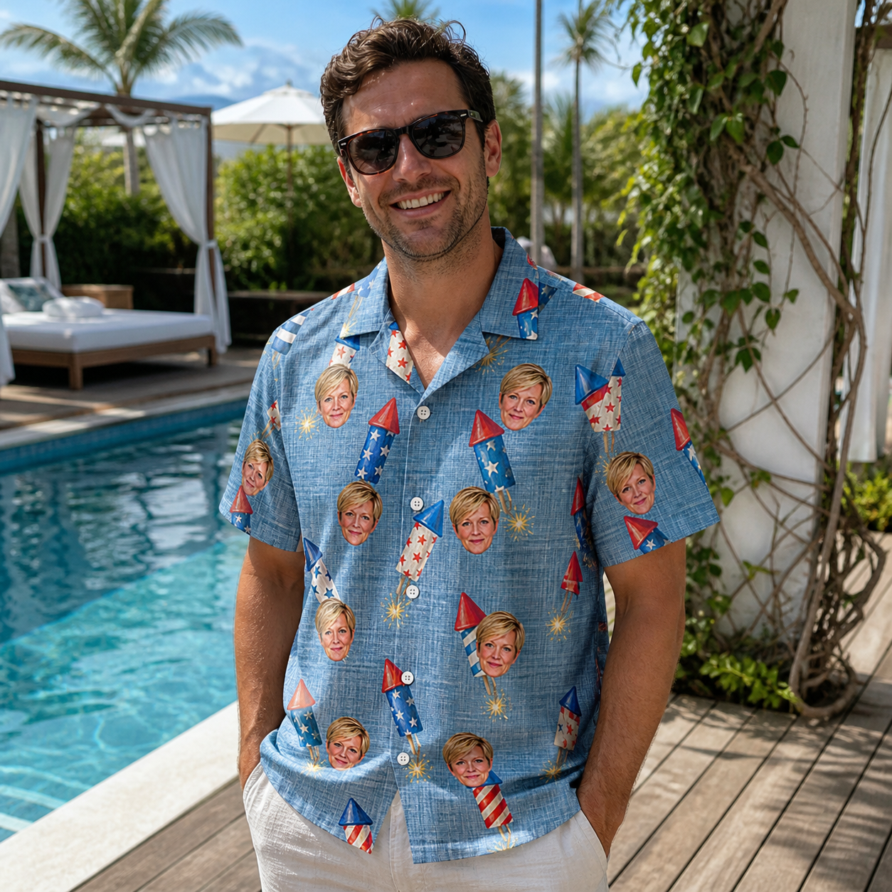 Real-life photo of someone wearing Men's Launch Lark Custom Face Hawaiian Shirt — custom faces printed all-over