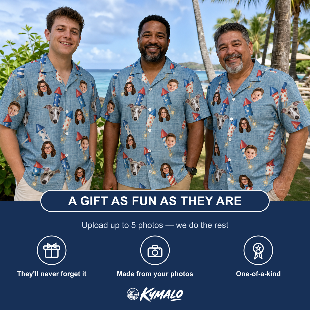 Friends in matching Men's Launch Lark Custom Face Hawaiian Shirt — a group gift photo