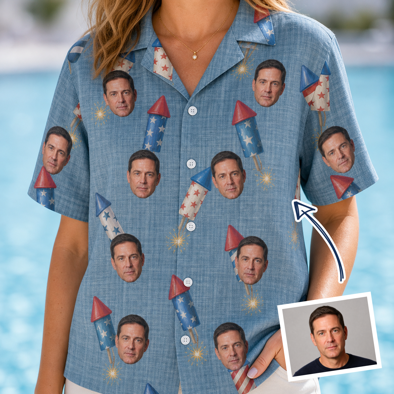 Woman wearing Women's Launch Lark Custom Face Hawaiian Shirt — custom faces printed all-over