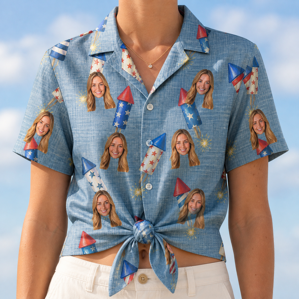Woman wearing Women's Launch Lark Custom Face Hawaiian Shirt tied at the waist