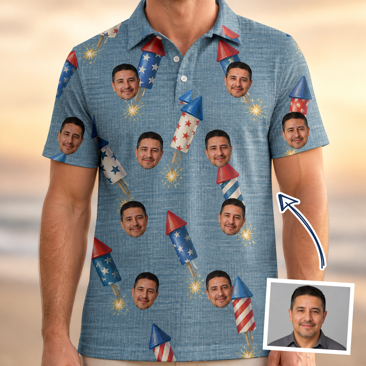 Man wearing Men's Launch Lark Custom Face Polo Shirt — custom faces printed all-over