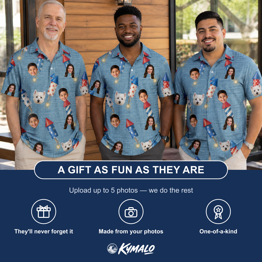 Friends in matching Men's Launch Lark Custom Face Polo Shirt — a group gift photo