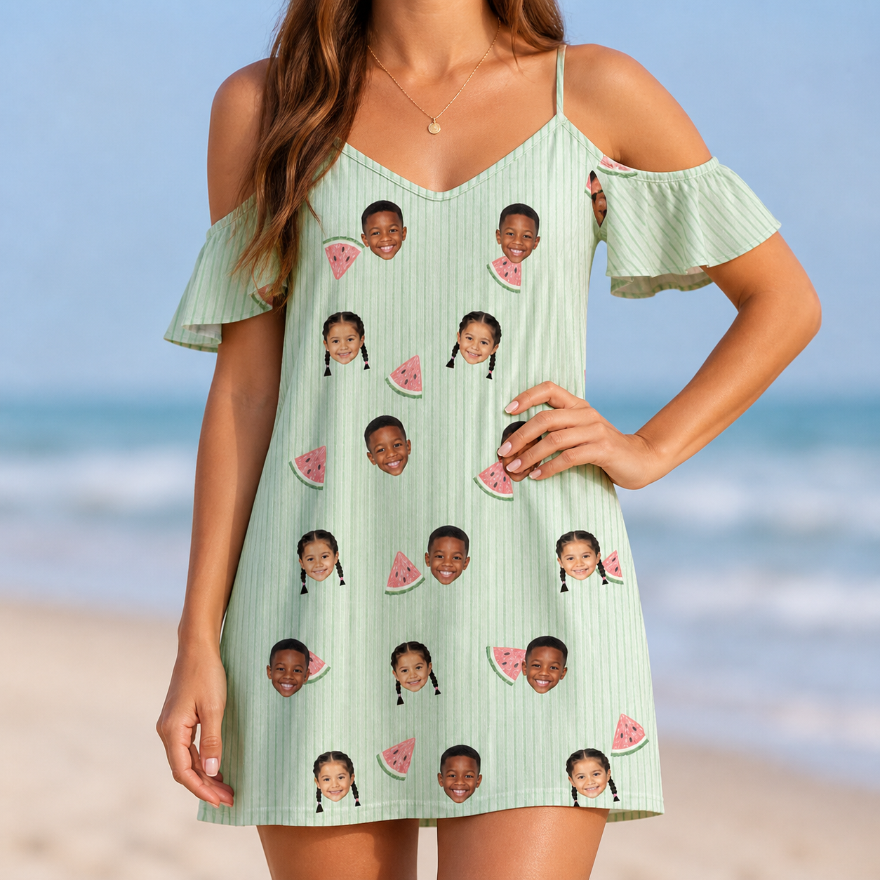 Model wearing Women's Rindependence Day Custom Face Off-Shoulder Dress printed with kids' faces