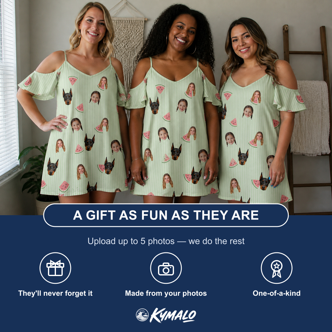 Friends in matching Women's Rindependence Day Custom Face Off-Shoulder Dress — a group gift photo