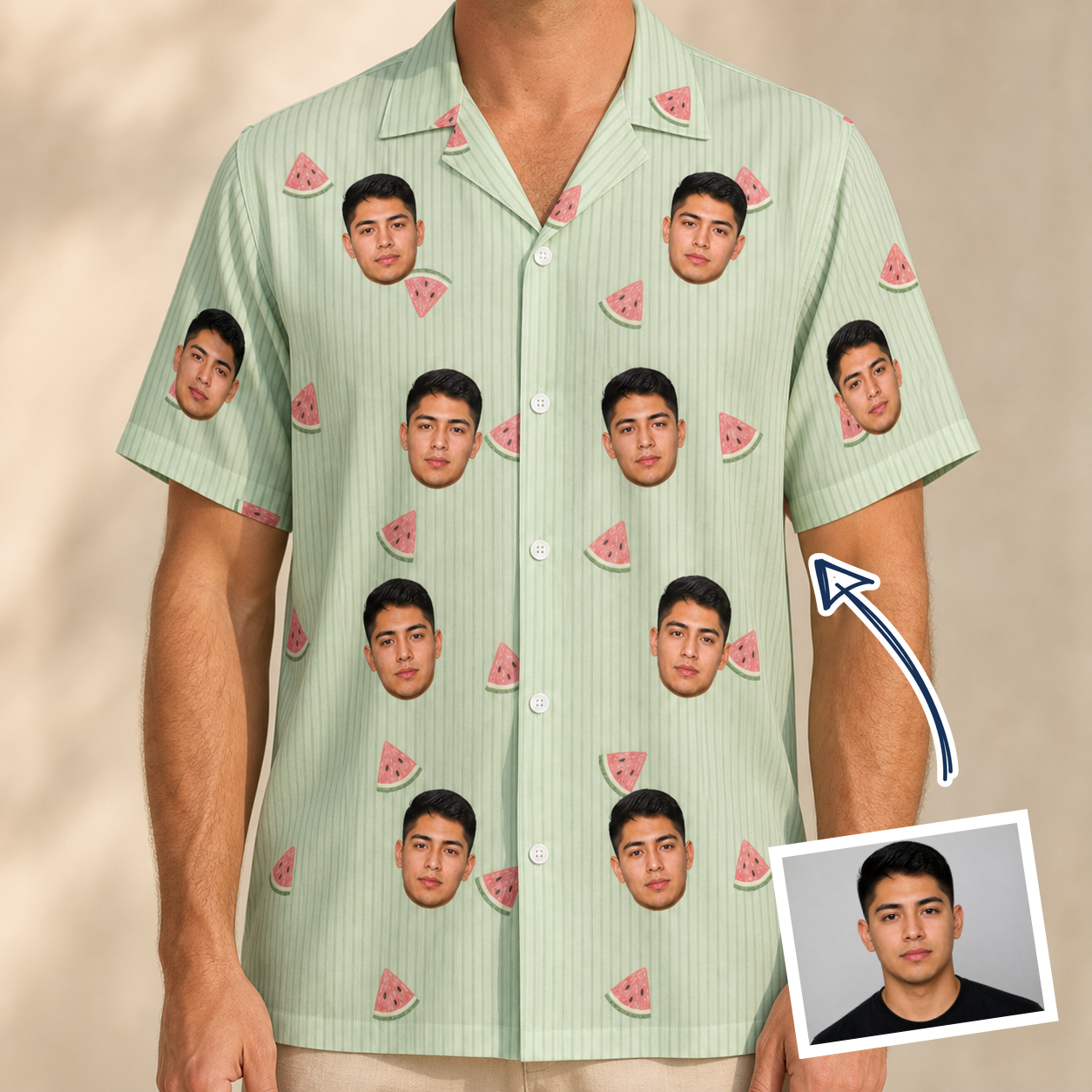 Man wearing Men's Rindependence Day Custom Face Hawaiian Shirt — custom faces printed all-over
