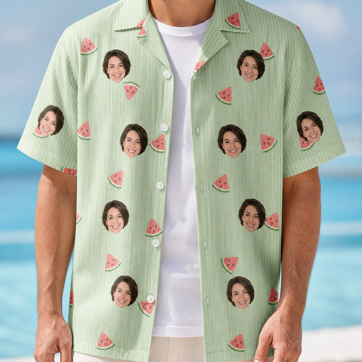Man wearing Men's Rindependence Day Custom Face Hawaiian Shirt open over a white tee