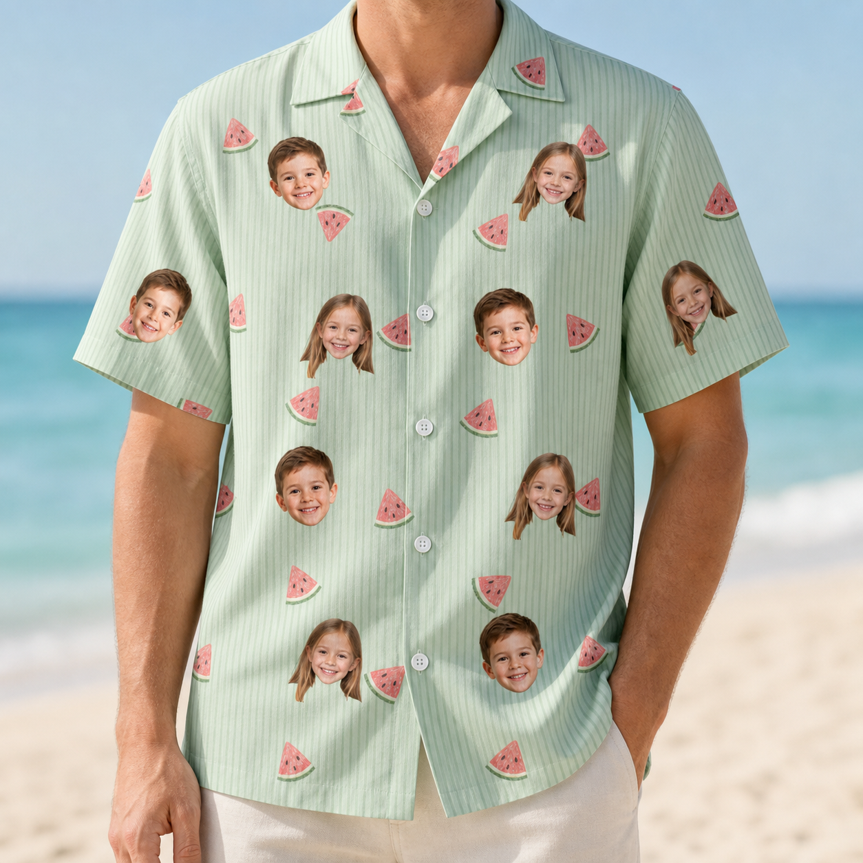 Model wearing Men's Rindependence Day Custom Face Hawaiian Shirt printed with kids' faces