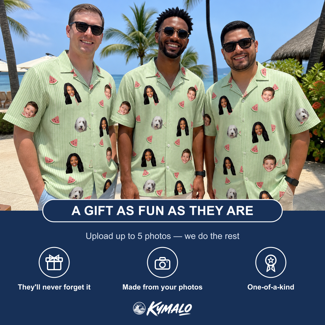 Friends in matching Men's Rindependence Day Custom Face Hawaiian Shirt — a group gift photo