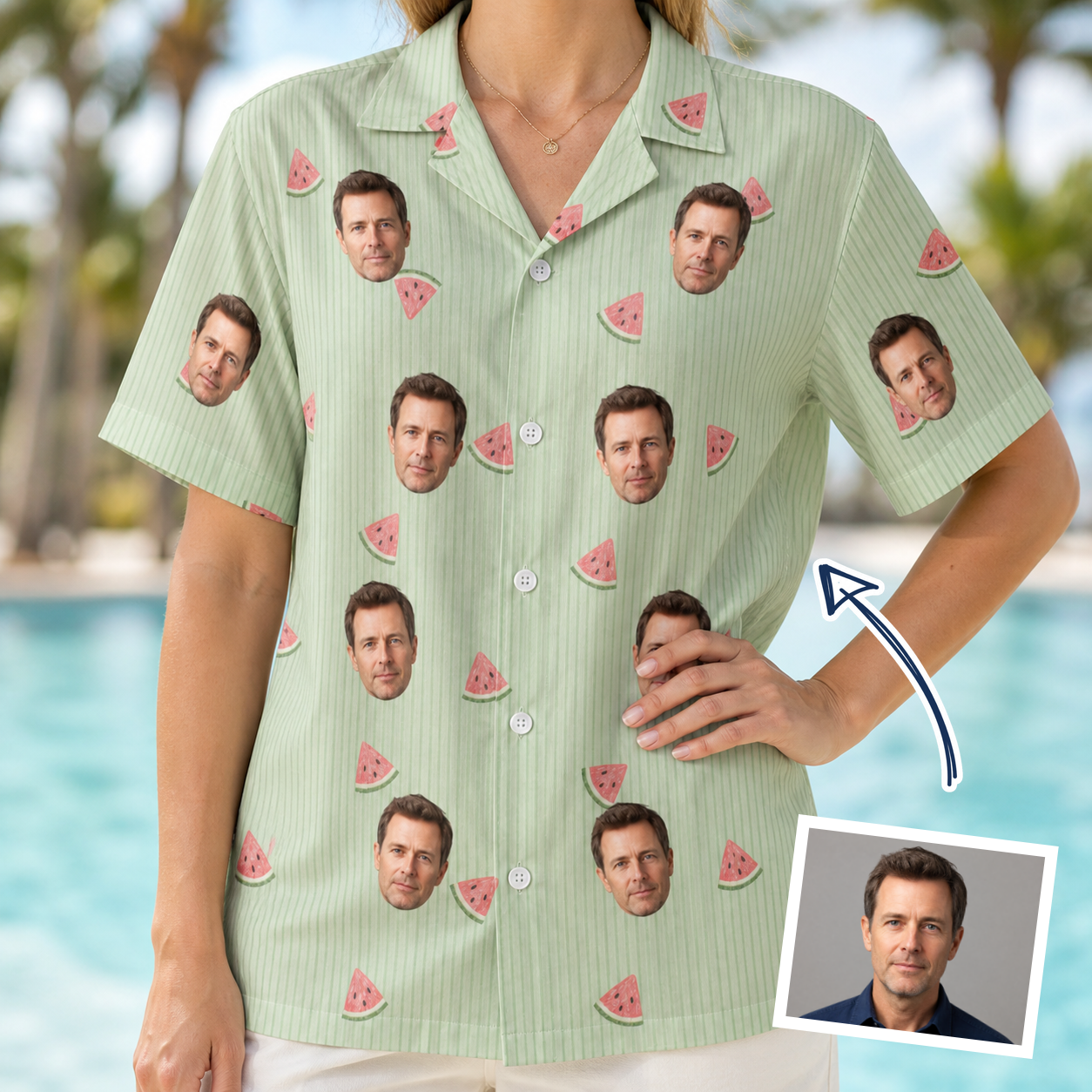 Woman wearing Women's Rindependence Day Custom Face Hawaiian Shirt — custom faces printed all-over