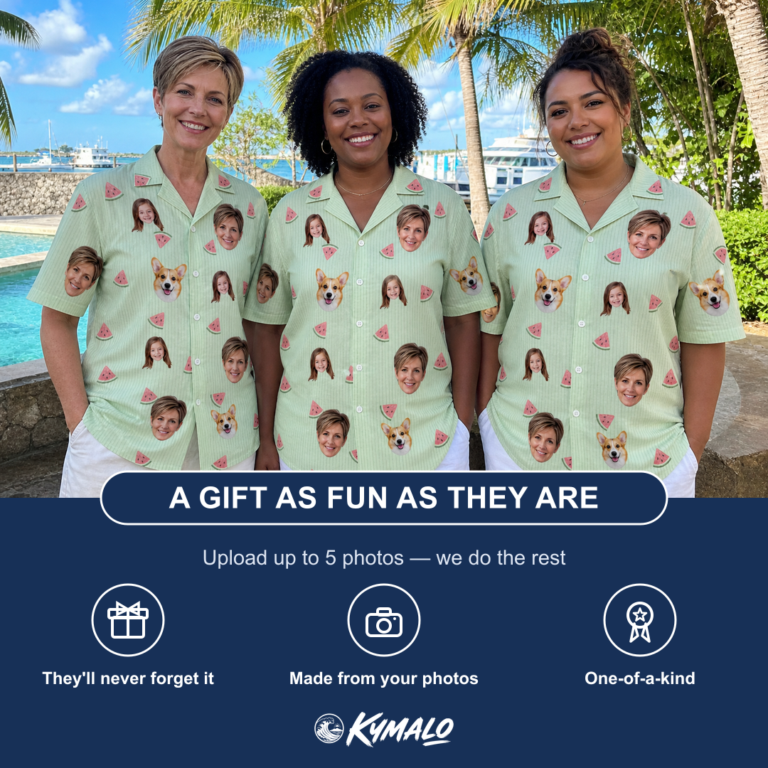 Friends in matching Women's Rindependence Day Custom Face Hawaiian Shirt — a group gift photo