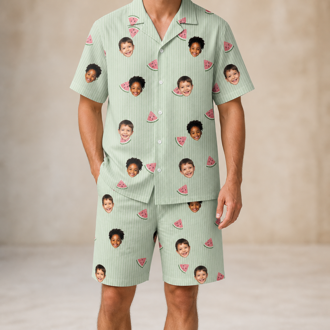 Model wearing Men's Rindependence Day Custom Face Shirt & Shorts Set printed with kids' faces
