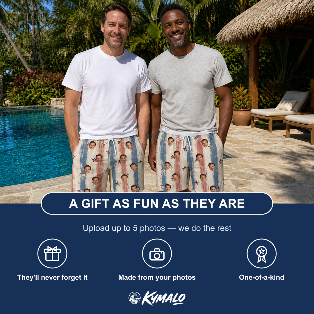 Friends in matching Men's Union Spark Custom Face Beach Shorts — a group gift photo