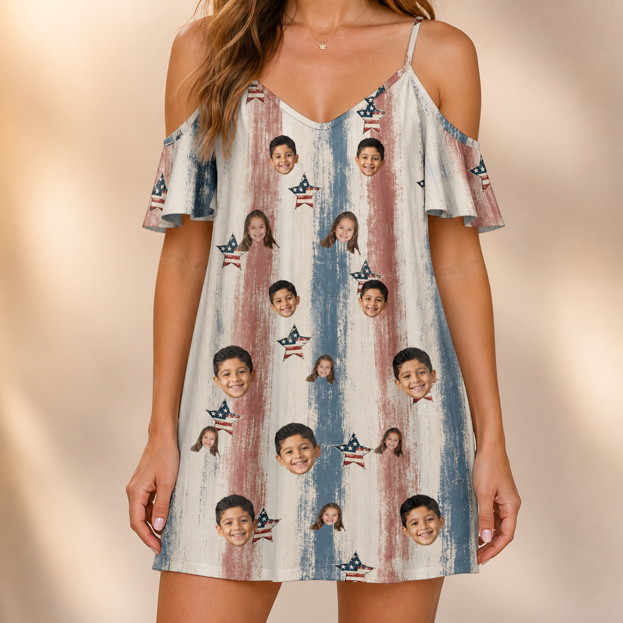 Model wearing Women's Union Spark Custom Face Off-Shoulder Dress printed with kids' faces