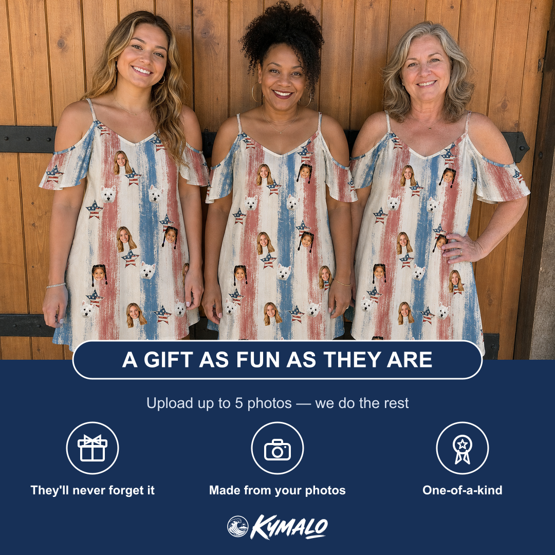 Friends in matching Women's Union Spark Custom Face Off-Shoulder Dress — a group gift photo