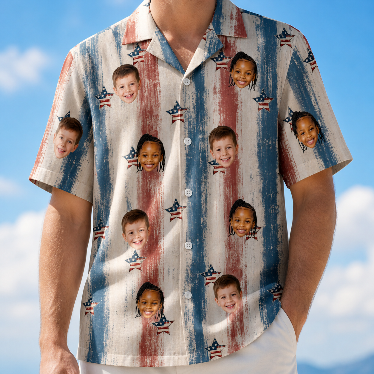 Model wearing Men's Union Spark Custom Face Hawaiian Shirt printed with kids' faces