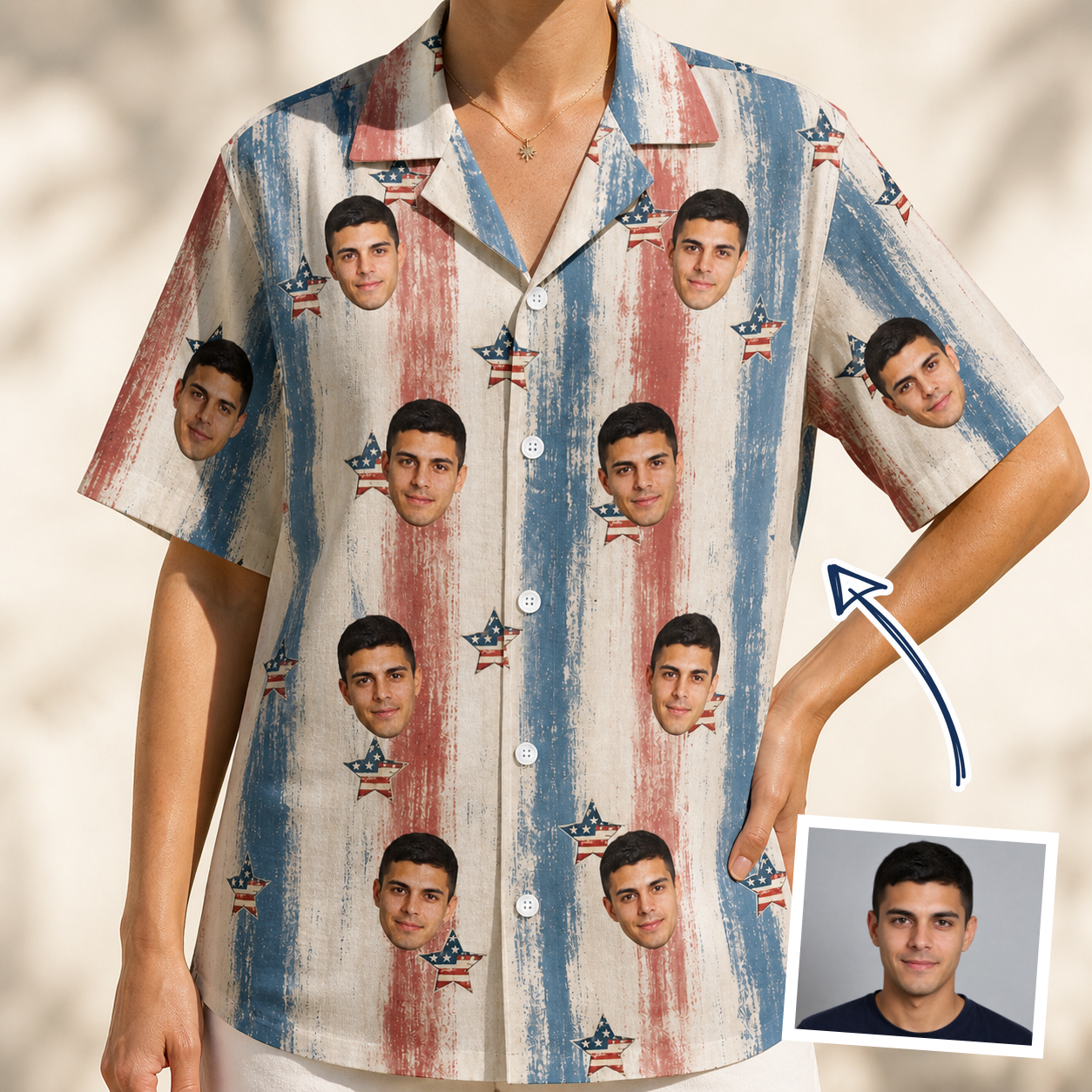 Woman wearing Women's Union Spark Custom Face Hawaiian Shirt — custom faces printed all-over