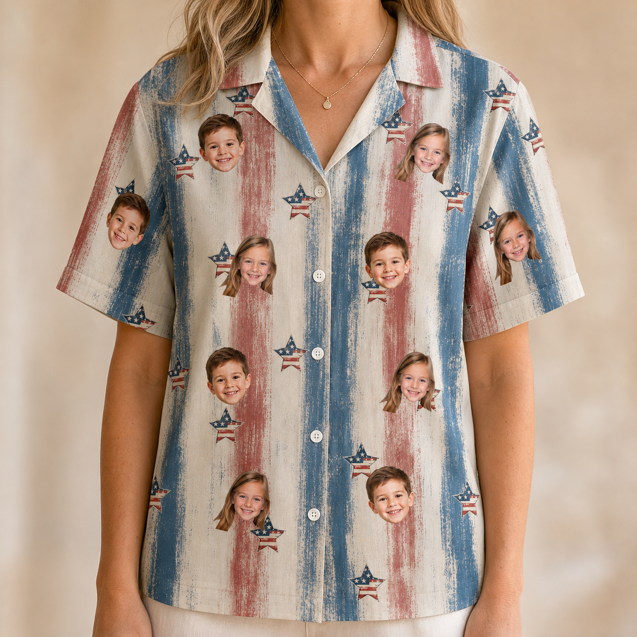 Model wearing Women's Union Spark Custom Face Hawaiian Shirt printed with kids' faces