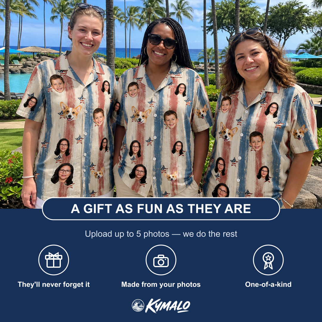 Friends in matching Women's Union Spark Custom Face Hawaiian Shirt — a group gift photo