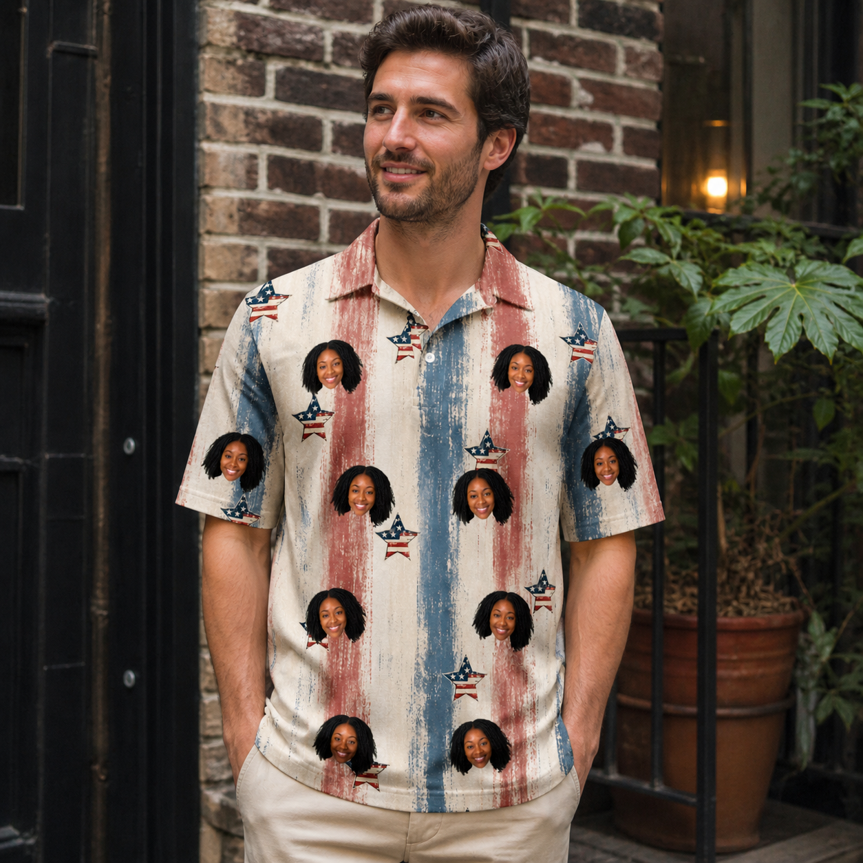 Real-life photo of someone wearing Men's Union Spark Custom Face Polo Shirt — custom faces printed all-over
