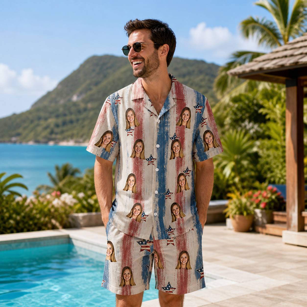 Real-life photo of someone wearing Men's Union Spark Custom Face Shirt & Shorts Set — custom faces printed all-over